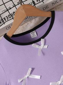 2 件女童甜美罗纹蝴蝶结短袖 T 恤和裙子套装 - 紫色 - 查看 5