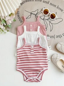SHEIN 3pcs/Set Newborn Baby Girls Cute Striped Knitted Strap Bodysuit Set, Summer - Pink - View 4