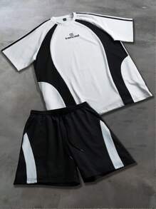 PAVTROS 男士运动休闲短袖套装，黑白拼色拼接上衣，不对称剪裁彰显时尚，适合运动休闲穿着。是送给男朋友或家人的绝佳礼物 男士 S S 男士两件套 S 男士短裤套装 男士短款套装 男士短款套装 男士两件套短款套装 - 黑與白 - 查看 1