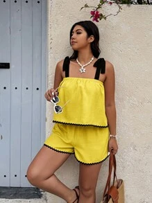 SHEIN Clasi 2 件套女士加大码拼布波浪丝带吊带背心和短裤套装 - 黃色 - 查看 3
