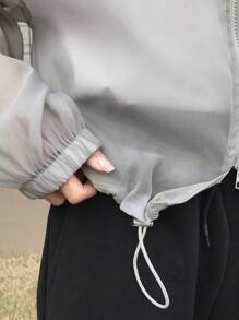 FRIFUL 女士休闲纯色抽绳下摆夹克，返校服 - 灰色 - 查看 8