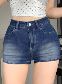 DAZY Shorts vaqueros cortos de mujer ajustados, lavados y desgastados, shorts de verano - Azul lavado medio - Ver 2