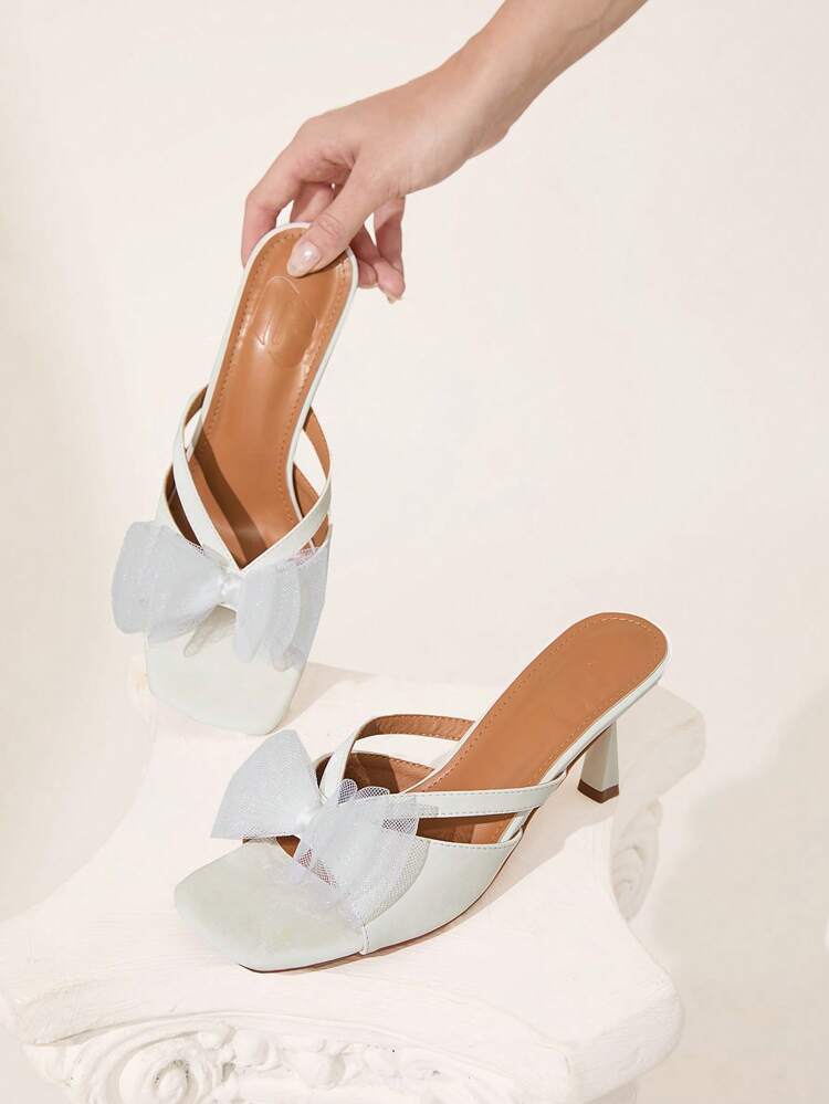 CUCCOO CHICEST Grey & White Ladies Hollow-Out Bowknot Open-Toe Mid-Heel Sandals, Elegant Romantic Party Wedding Dress Shoes, Suitable For Summer