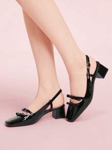 CUCCOO DOLLMOD Giày cao gót mũi vuông dày/mỏng đơn giản có nơ thắt cho nữ, giày cao gót vừa/cao, thanh lịch, thoải mái, phù hợp đi làm, hẹn hò, sự kiện trang trọng, phong cách Mary Jane cổ điển - màu đen - Xem 4