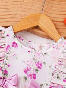 SHEIN Baby/Toddler Girls Casual Vacation Loose Comfy Woven Floral Bowknot Front Ruffle Sleeve Pink Dress, New Spring/Summer - Purple - View 4