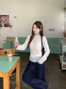 DAZY Plus Size Women's Casual Korean Style Polka Dot Long Sleeve T-Shirt, Summer Preppy Tops,Fall Women Clothes