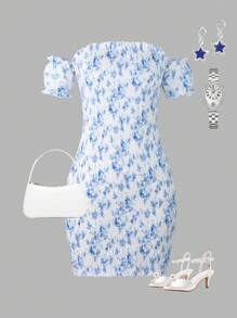 Vestido mini con hombros descubiertos y volantes con estampado floral diminuto para mujer, (Conjunto a juego para mamá e hija se vende por separado) - Multicolor - Ver 1