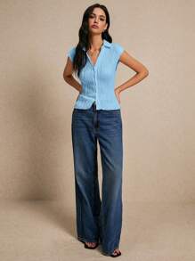 Poéselle Exquisite Jacquard Textured Grain Fabric, Excellent Minimalist Shap And Fashionable Lettuce Trim Button Front Textured Slim V-Neck Tee, Summer Vacation Season Polo Shirts For Women - Blue - View 6