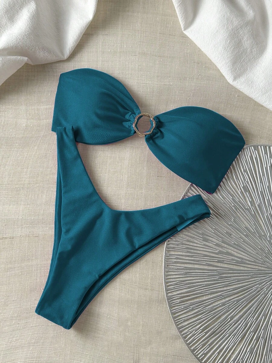 Swim Chiccia Áo ống màu trơn Springbreak dành cho nữ có áo trang trí bằng kim loại và đồ bơi bikini gợi cảm cắt cao, trang phục mùa hè - Màu xanh ngọc - Xem 1