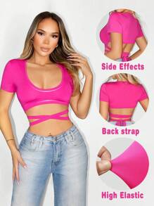 Zolique 女士时尚紫红色 V 领系带短款 T 恤，夏季