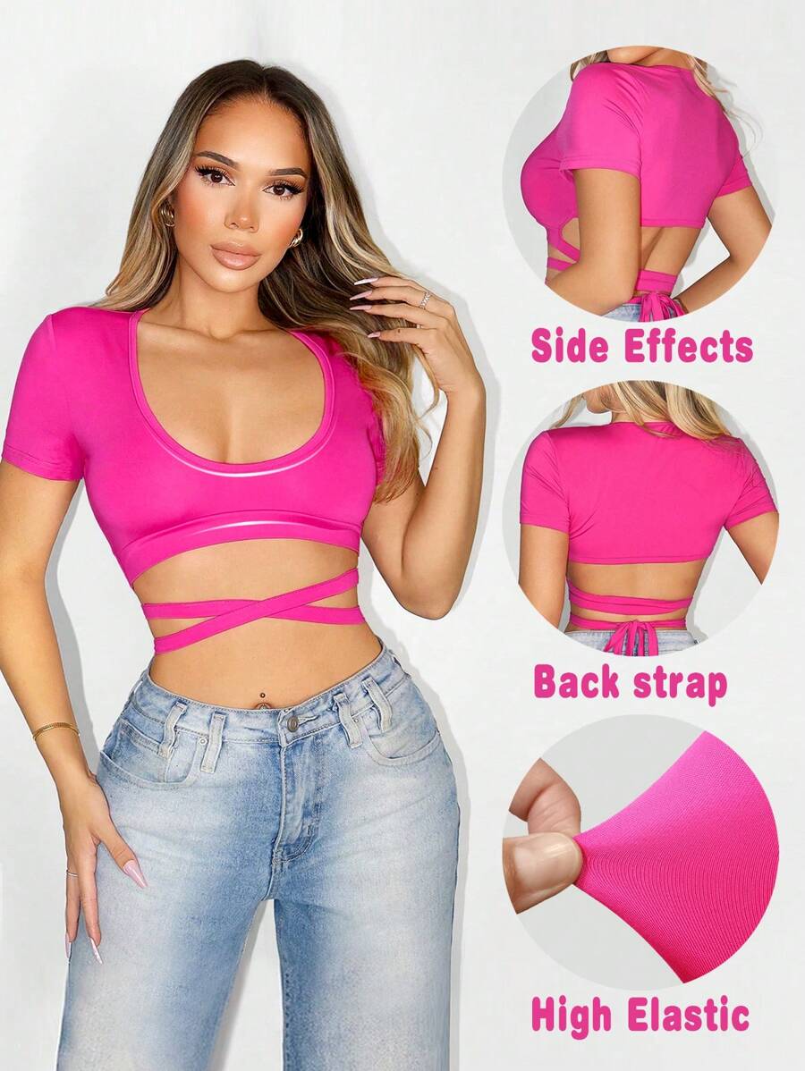 Zolique 女士时尚紫红色 V 领系带短款 T 恤，夏季