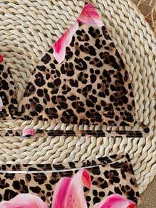 Teens Girls Casual Leopard Lily Print Camisole Top And Leggings Swimsuit Set, Suitable For Summer