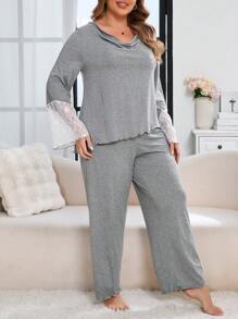 Plus Size Color Block Lace Patchwork Pajama Set, Top & Pants - Grey - View 4