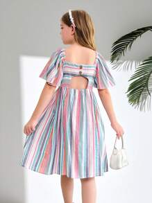 青少年女孩休闲节日编织彩色条纹荷叶边方领纽扣后背镂空设计连衣裙 - 彩色 - 查看 3