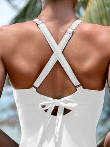 SHEIN Swim 1pc Women's Solid Color Neck-Tie Halter Swimsuit, Fashionable For Summer - White - View 3
