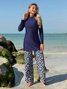 Swim Mulvari Women's Modest Elegant Vacation Solid Color Long Sleeve Top And Floral Print Bottoms Burkini Swimsuit Set For Summer - Multicolor - View 4