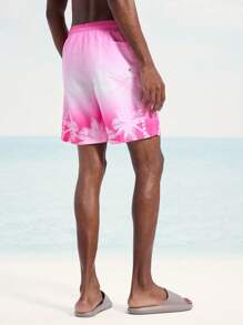 Surfspeed Men Botanical Ombre Print Drawstring Waist Pocket Beach Shorts (Print Asymmetrical) - Hot Pink - View 4