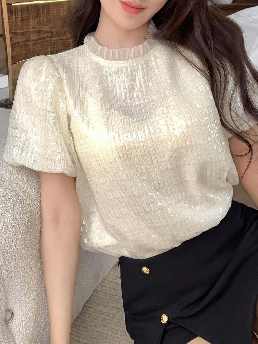 DAZY 女士夏季亮片装饰圆领短袖 T 恤 - 白色 - 查看 1