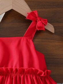 SHEIN 女婴夏季两件套服装，红色吊带上衣和樱桃刺绣牛仔短裤，适合外出、休闲家居服、轻运动和趣味派对 - 紅色 - 查看 5