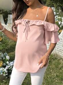 SHEIN Blouse de grossesse décontractée avec volant de couleur unie - Rose bonbon - Voir 4