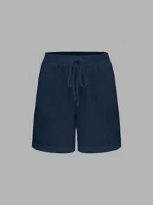 Linhara Plus Size Women Beach Washed Cotton Cinched Waist Back Pocket Button Detail Cropped Top - Navy Blue - View 4