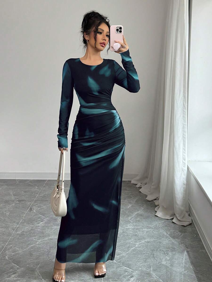 Elenzga Đầm Maxi Ôm Body Bằng Vải Tuyn Co Giãn Ombre In Hoa Thanh Lịch Cho Nữ - Màu xanh bạc hà - Xem 1