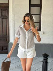 Pariaura Striped Patchwork Contrast Color Lapel Pocket Casual Short Sleeve Shirt For Women