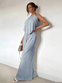 SHEIN Essnce 2 件套 褶皱挂脖开衩设计长裤，春夏 - 霧霾藍 - 查看 3