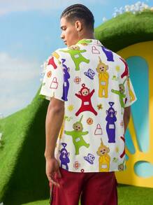 Teletubbies X SHEIN 男士夏季休闲卡通印花前扣短袖衬衫 - 白色 - 查看 4