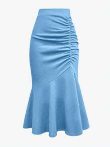 Chiquease 女士纯色褶皱鱼尾下摆优雅 A 字裙 - 藍色 - 查看 1