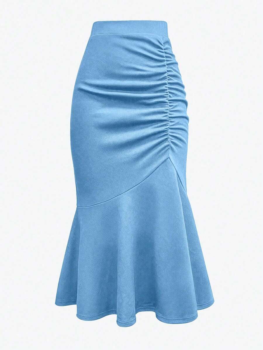 Chiquease 女士纯色褶皱鱼尾下摆优雅 A 字裙 - 藍色 - 查看 1