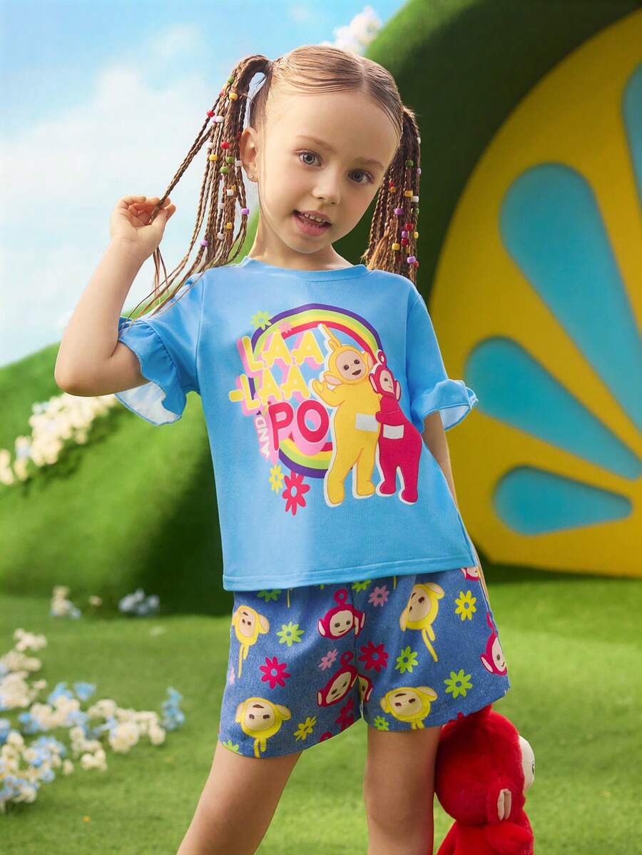 Teletubbies X SHEIN Young Girl Cartoon Rainbow Cute Ruffle Trim Blue Short Sleeve T-Shirt And Blue Denim Effect Shorts Set