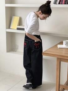 Hapijoa Girls Bow Embroidered Denim Jeans, Spring/Summer,Back To School Clothes