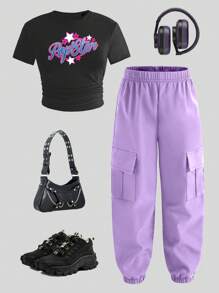 SHEIN Sparklyn Bộ quần túi hộp và áo phông in chữ thường ngày mùa hè cho bé gái tuổi mới lớn - Nhiều màu - Xem 2