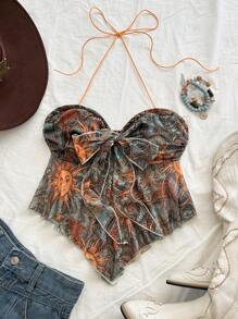 Soleia Women's Vacation Knitted Tie-Up Strapless Retro Print Tube Top, Suitable For Music Festivals, Parties, Summer - Multicolor - View 6