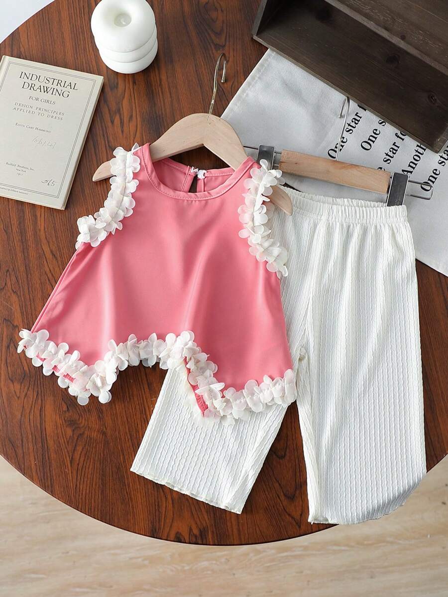 SHEIN 女婴时尚花卉蕾丝边休闲优雅套装，柔软面料，适合室内或室外活动，春夏季 - 彩色 - 查看 1