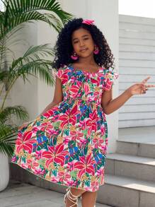 Tween Girls Tropical Print Cami Strap Ruffle Hem Dress, Summer Bestselling Floral Pattern, Sweet Holiday Style, Must-Have Princess Vacation Outfit!