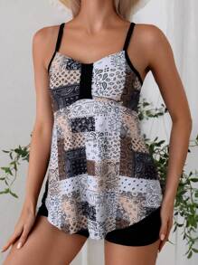 Swim Lushoire 2pcs/Set Summer Women's Floral Print Spaghetti Strap Camisole Top & Solid Color Boyshort Bikini Set, Elegant