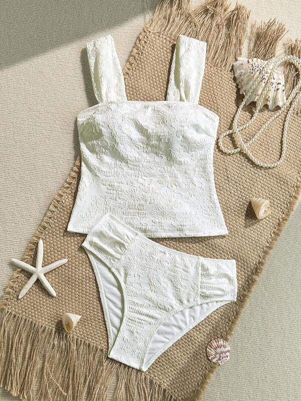 Swim Mod Set de 2 piezas de traje de baño de tejido jacquard texturizado para mujer, perfecto para el verano y la playa
