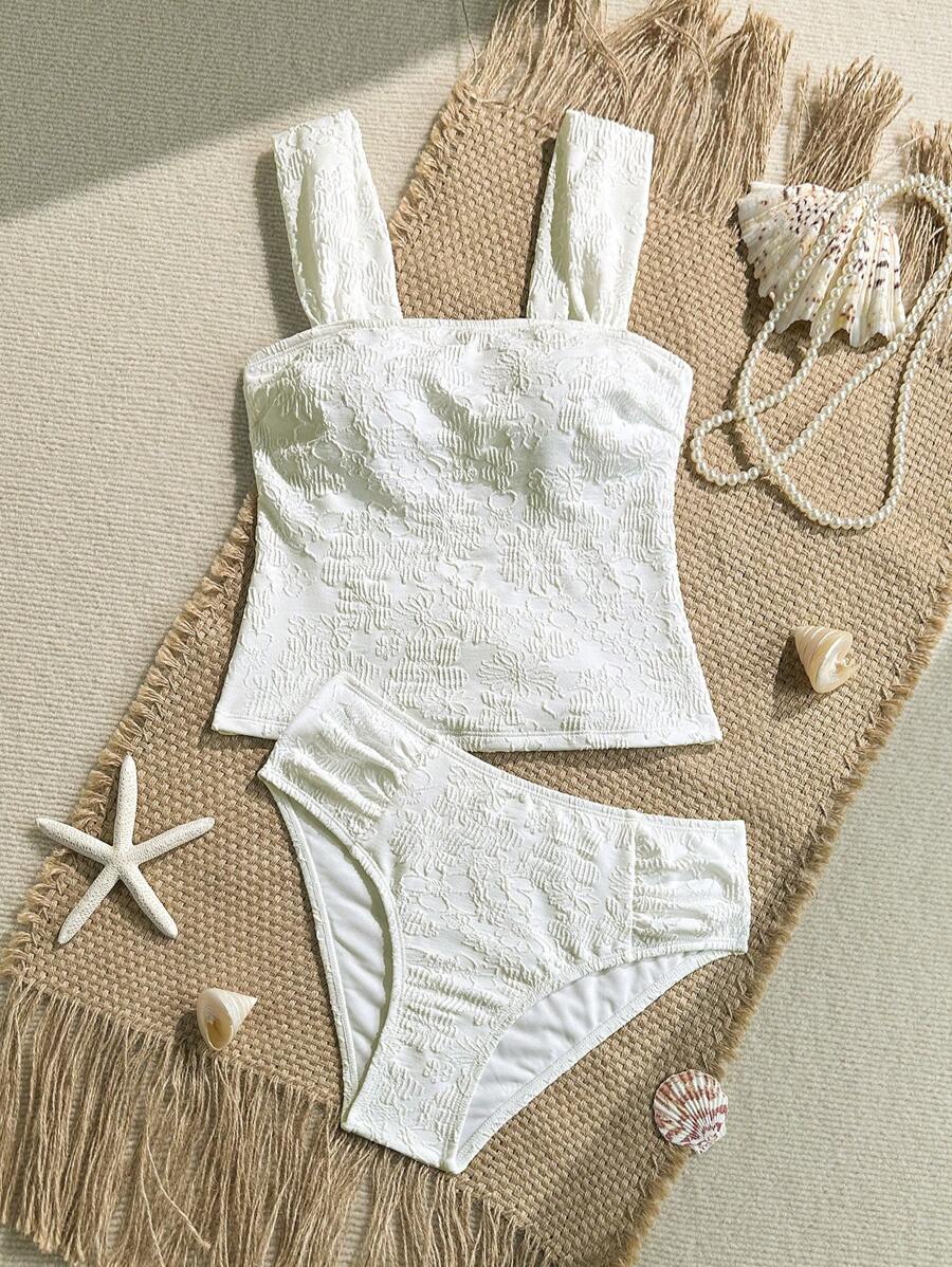 Swim Mod 2pcs/Set Women Summer Beach Jacquard Textured Fabric Swimwear Set - White - View 1