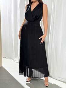 Firerie 2pcs Plus Size Elegant Commuting Solid Color Tank Top And Pleated Skirt Set - Black - View 3