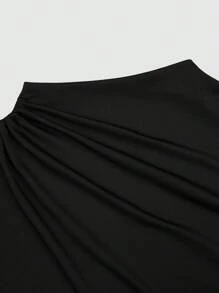SHEIN Clasi 2 stuks Plus Size Elegante Forensen Effen Kleur Staande Kraag Gerimpelde Korte Mouw Top En Rok Set