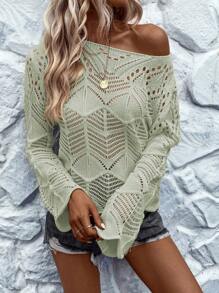 SHEIN LUNE Damen einfarbiger Pullover mit Hohlmuster, Langarm, lässiger Rundhalsausschnitt, Strickpullover für Herbst und Winter