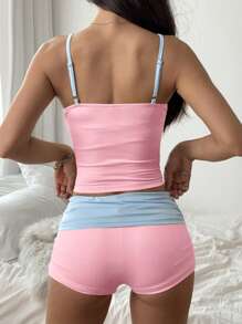 SHEIN EZwear 2pcs/Set Women Contrast Trim Pleated Camisole Tank Top And Shorts Set,Summer Sets - Multicolor - View 2
