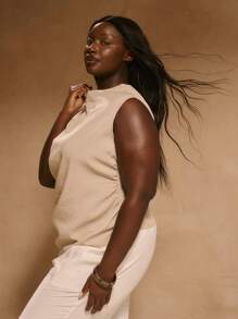 MUSERA Plus High Neck Longline Ruched Sides Top Elegant Classy Holiday Cute Holiday - Grey - View 2