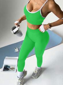 SHEIN Sport Studio 1 Set Women Sports Spaghetti Strap Top And Solid Color Pants, Stylish Outfit Suitable For Summer