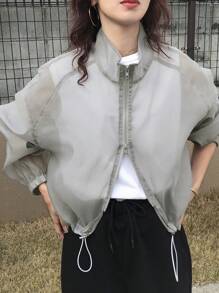 FRIFUL 女士休闲纯色抽绳下摆夹克，返校服 - 灰色 - 查看 7