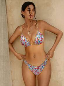 Swim Mod Women's Floral Print Cute & Sexy Knotted High Cut Pants Ladies' Beach Spring/Summer Bikini Set - Multicolor - View 1