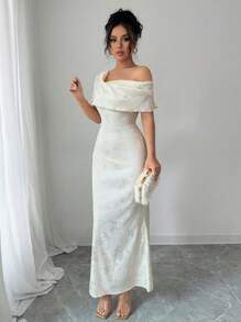 Rafferiza 新款中式提花斜肩优雅高腰连衣裙 - 杏色 - 查看 1