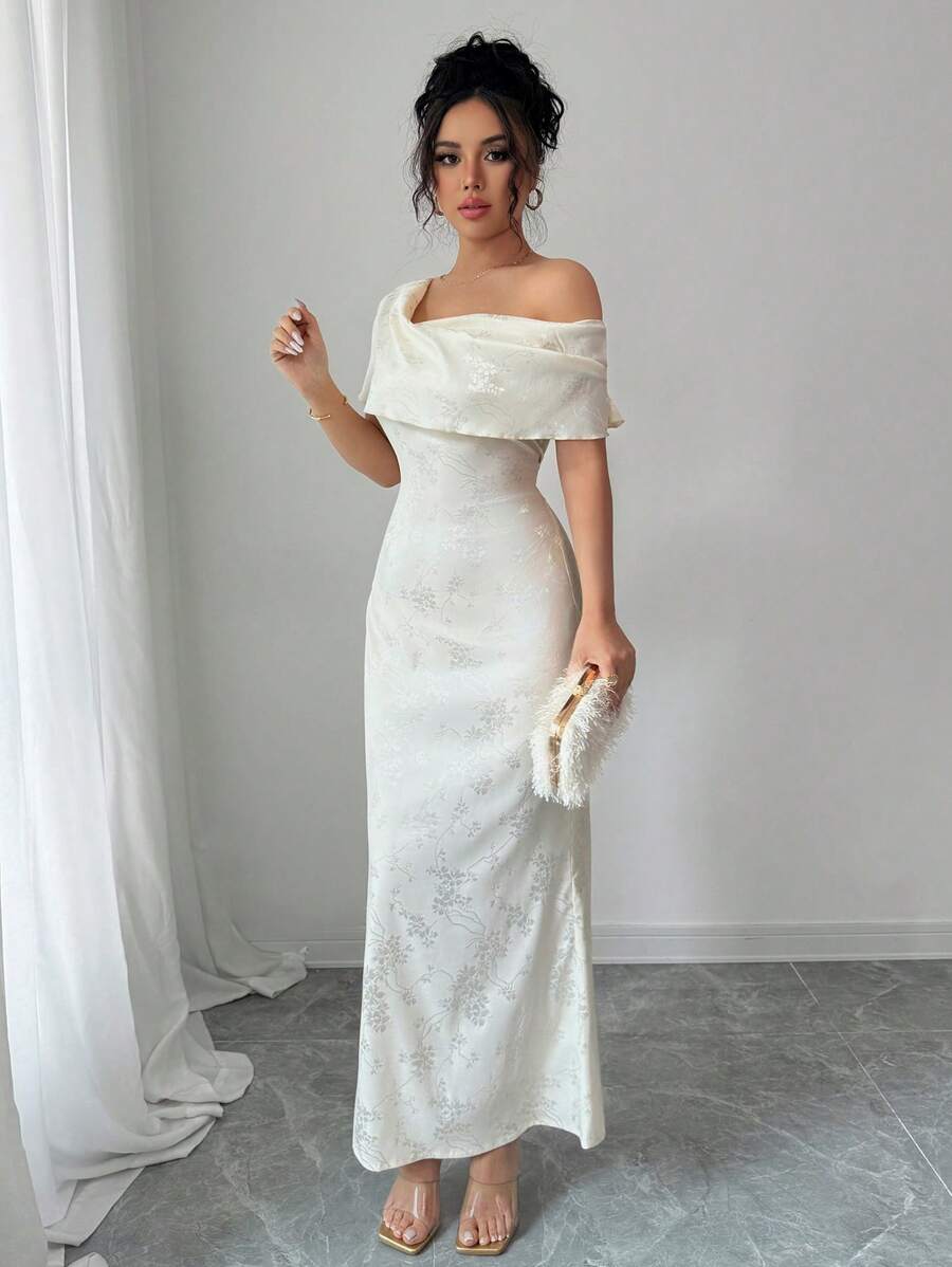 Rafferiza 新款中式提花斜肩优雅高腰连衣裙 - 杏色 - 查看 1